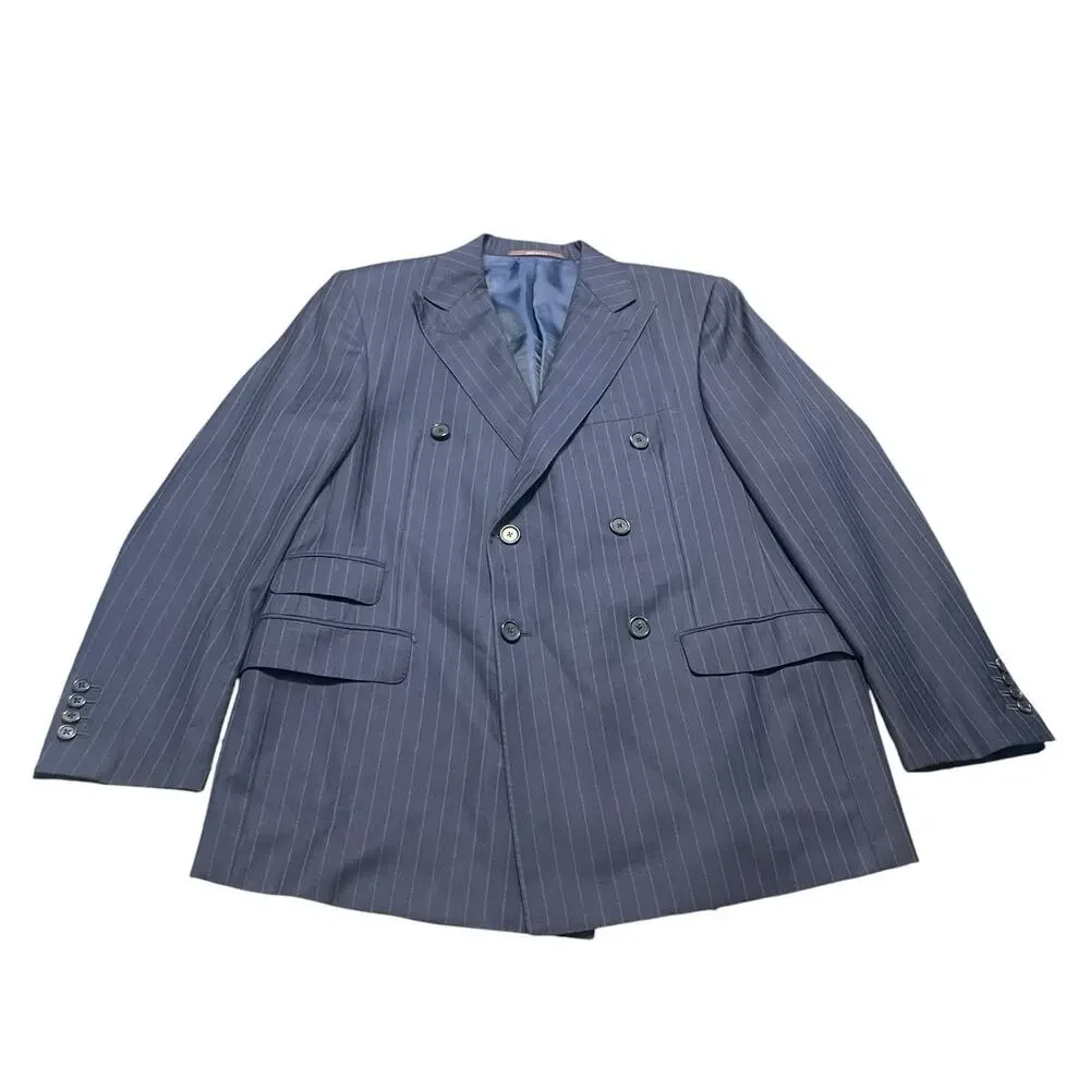 Hickey Freeman Suit Mens 44 R Navy 2pc Double Breasted Pinstripes Pants 36 USA